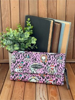Ed Hardy Pink Leopard Skull Tattoo Print Trifold Y2K Wallet NWT